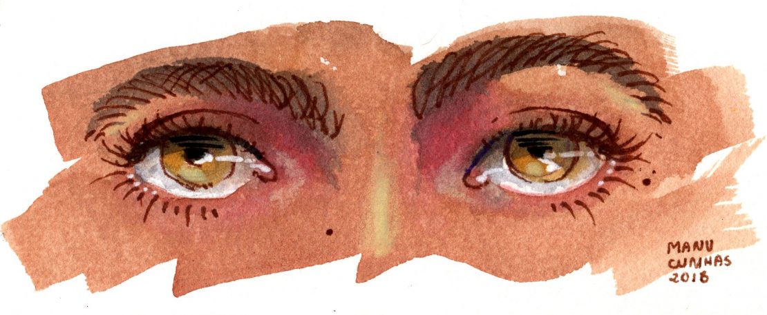 Olhar de Capitu pintado em aquarela. Olhos cor de mel, sobrancelhas castanhas e pele clara.