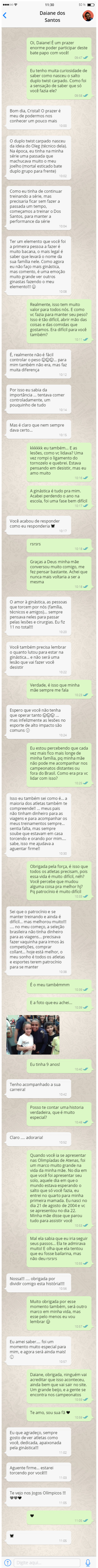 Print da conversa entre Daiane dos Santos e Christal Bezerra