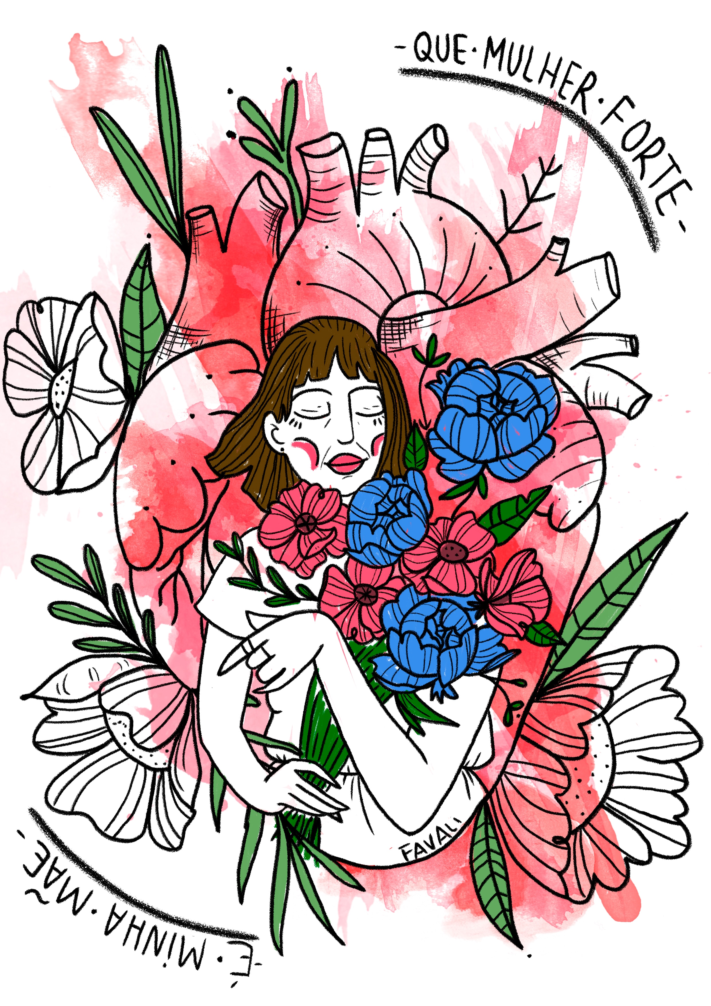 Imagem no estilo xilogravura mostra mãe com coração atrás dela e flores nos braçoslher 
