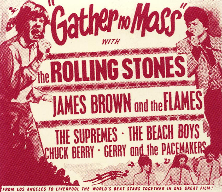 Cartaz do show T.A.M.I, no Reino Unido, com James Brown, The Rolling Stones, The Supremes, The Beach Boys, Chuck Berry e Gerry & The Pacemakers.